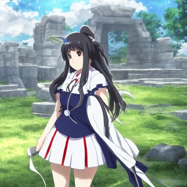 Prompt: high quality anime-style image of Hestia from Is It Wrong to Try to Pick Up Girls in a Dungeon wearing a plaid schoolgirl skirt and pigtails hair, standing outside a forbidden stone temple, 4k, digital art, wallpaper