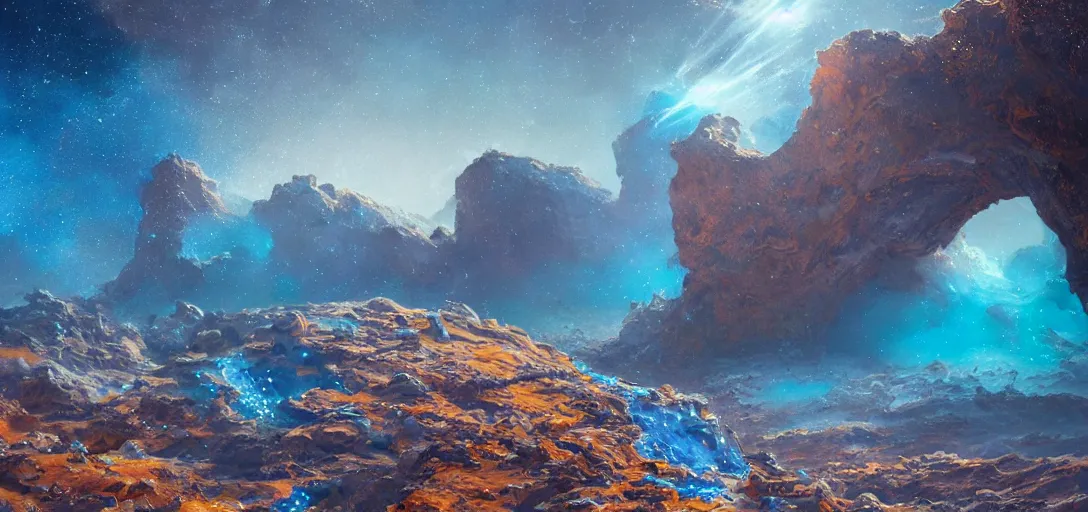 Image similar to a sparkling blue desert with streams of coloured sand glittering with alien rock formations, artstation 3 d, oil painting, vast, epic composistion