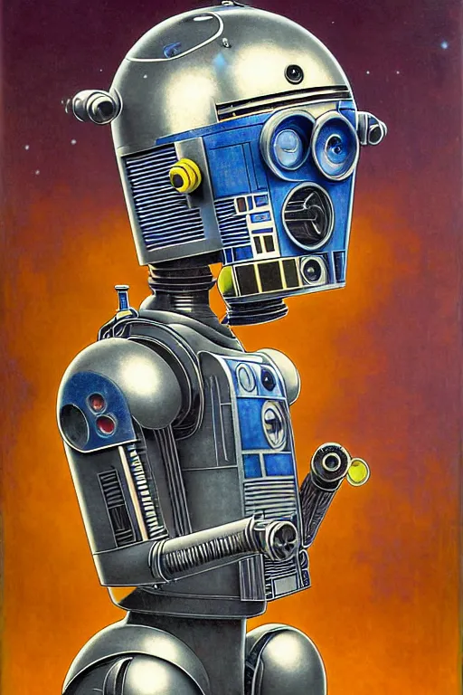 Prompt: 1 9 2 0 s r 2 - d 2 robot, large metal mustache, muted colors, nebula background, glowing yellow eyes, detailed realistic surreal retro robot in full regal attire. face portrait. art nouveau, visionary, baroque, giant fractal details. horizontal symmetry by zdzisław beksinski, gears, alphonse mucha. highly detailed, realistic