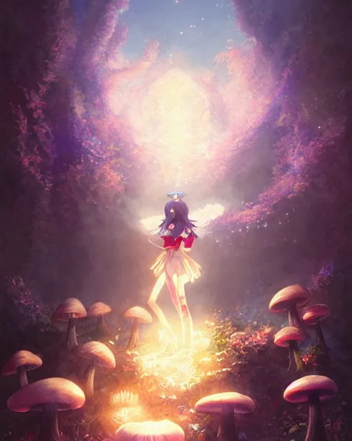 Image similar to mirei kiritani as anime girl, mushroom kingdom, fantasy character portrait, concept art, sorceress, magical aura, bright, interesting angle, intricate details, highly detailed by greg rutkowski, gaston bussiere, simon bisley