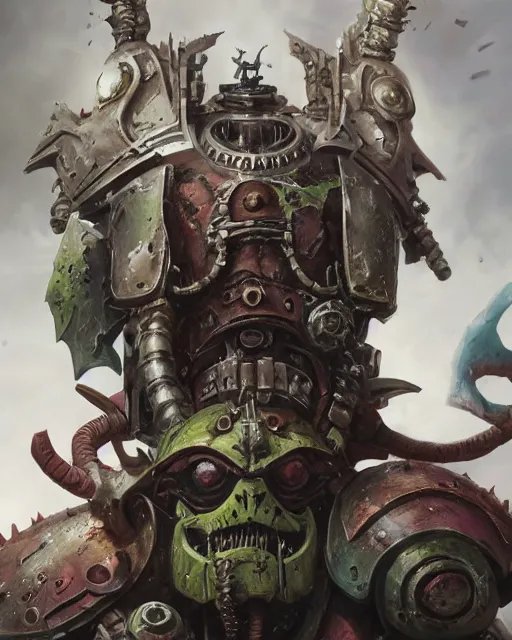 Image similar to hyper realistic portrait of heroic warhammer android head, cinematic, chaos marine, khorne tzeentch nurgle slaanesh, artstation, cgsociety, full head and shoulders, greg rutkowski, james gurney, mignola, craig mullins, brom