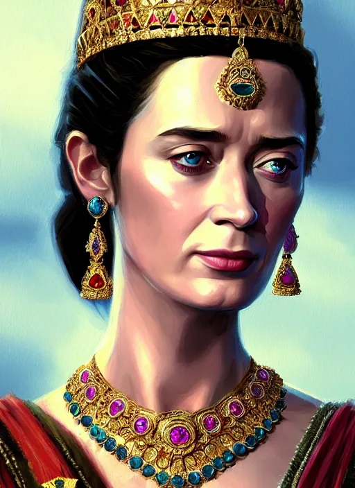 Image similar to portrait of emily blunt as indian queen, jewelry, greek, sapphire, victorian age, 1 8 9 0, intricate, headshot, key visual, conceptart, ambient lighting, highly detailed, digital painting, artstation, concept art, sharp focus, by makoto shinkai and akihiko yoshida and greg manchess