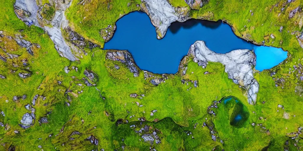 Image similar to drone shot photo of a landscape with mountains, waterfalls, wallpaper, lofoten, very very wide shot, blue glacier, iceland, new zeeland, green flush moss, national geographic, award landscape photography, professional landscape photography, sunny, day time, beautiful