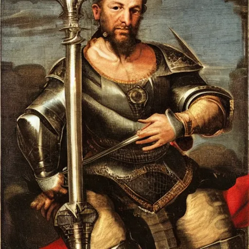 Prompt: donald trump, wearing knight ’ s armor, holding a spectacular broadsword, by annibale carracci, two arms, two legs, donald trump, symmetrical face, highly detailed face, perfect face
