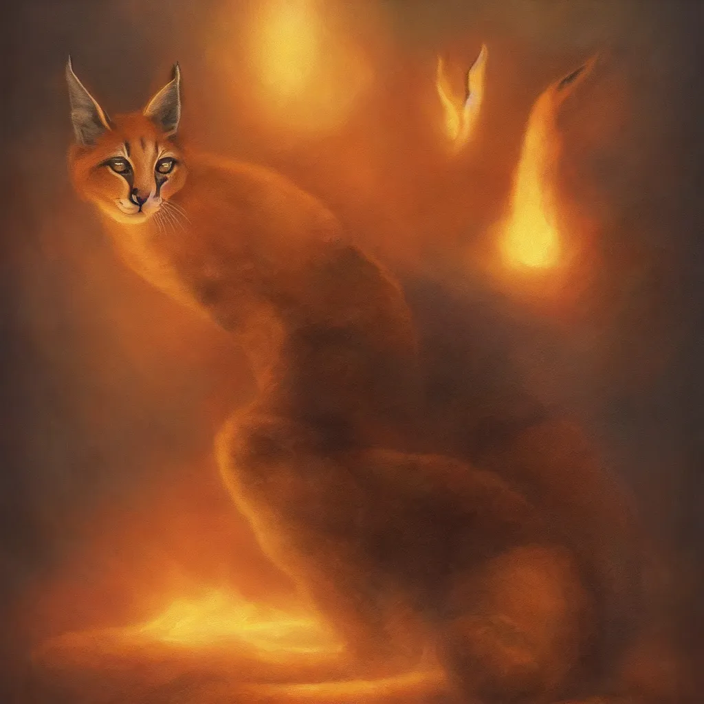 Image similar to many cute fluffy caracals, fire, epic, fantasy setting, dark environment, serene colors, soft lighting, atmospheric, cinematic, moody, in the style of diego koi, gina heyer, luiz escanuela, art by alyssa monk, hyperrealism, rule of thirds, golden ratio, oil on canvas, 8 k