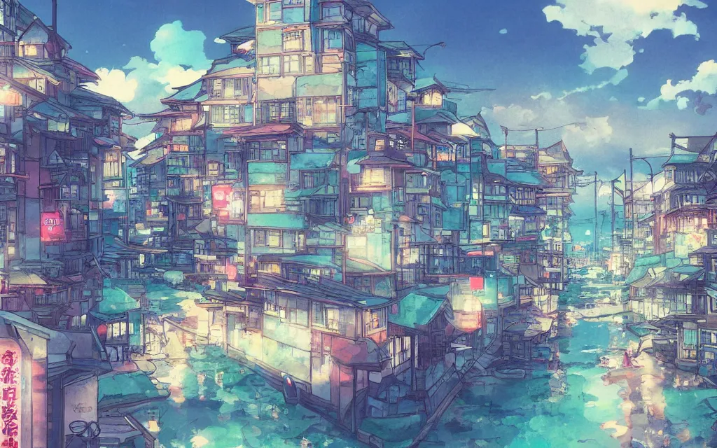 Image similar to a japanese city near the sea, lofi, dreamy, moody, very colorful, anime inspiration, makoto shinkai, ghibli vibe