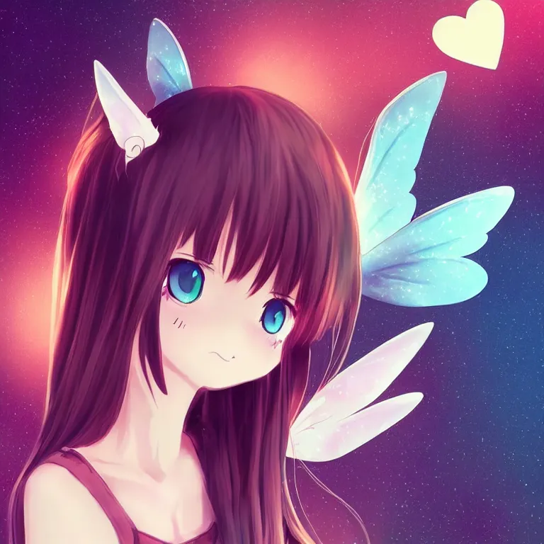 Image similar to cute, full body, female, anime style, a cat girl with fairy wings, large eyes, beautiful lighting, sharp focus, simple background, creative, heart effects, filters applied, illustration