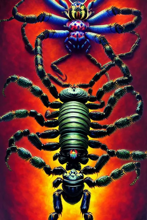 Image similar to a hyperrealistic painting of an epic boss fight against an ornate supreme evil arachnid overlord, cinematic horror by jimmy alonzo, the art of skinner, chris cunningham, lisa frank, richard corben, highly detailed, vivid color,