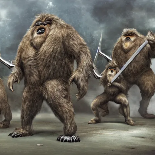 Prompt: a high detailed realistic photo of a group of armored yeti and sasquatch battling with swords shields andsd pears