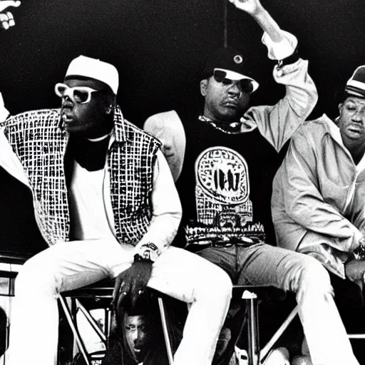 Prompt: public enemy the hip hop group playing at woodstock 1969 on stage