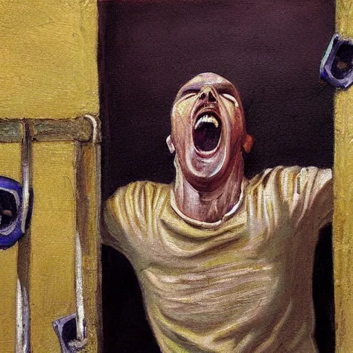 Image similar to a screaming prisoner holding prison bars, realism old painting