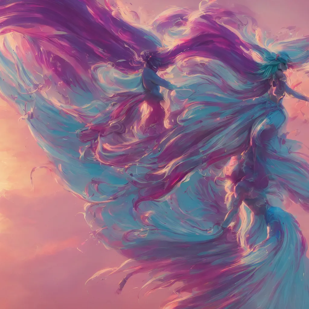 Image similar to a colorful and provenance illustrations painting of the fantasy female flying floral wing, highly detailed, her hair made of hair made of air wind and curling smoke, mist, dust, genie, spirit fantasy concept art, art by aenami, alena, afshar, petros and leonid, trending on artstation.