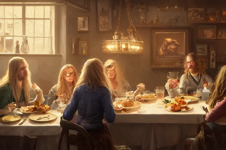 Image similar to portait of a pig and a mallard and a blonde woman with long hair having dinner at sunday in brooklyn restaurant, anatomy, bathed in light, highly detailed, photorealistic, artstation, smooth, sharp focus, illustration, unreal engine 5, 8 k, art by artgerm and greg rutkowski and edgar maxence