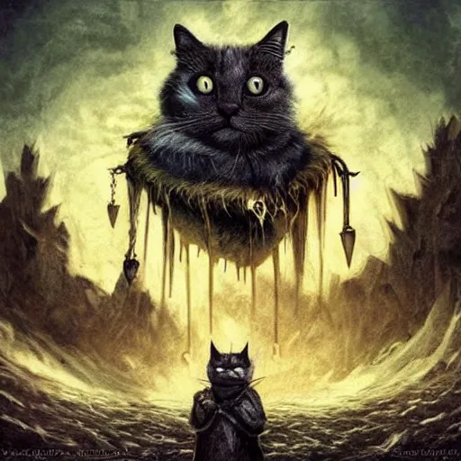 Image similar to cat as a dark souls boss in surrealism art style