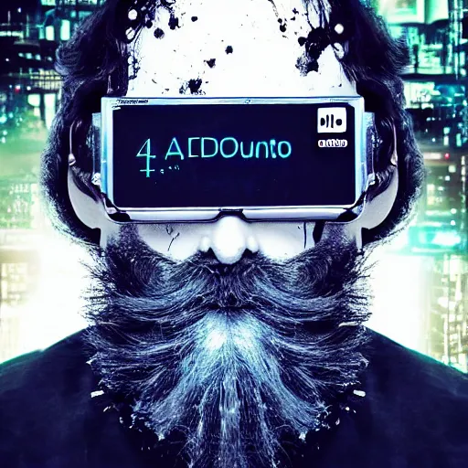 Prompt: Beautiful Photo of Arduino Uno in the robot's head. beard man. Cyberpunk. splatterpunk. 4K