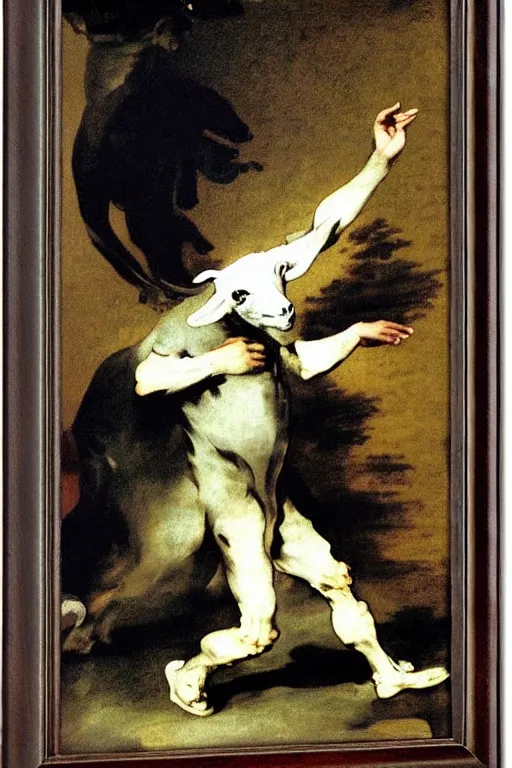 Image similar to dancing man with a goat head by francisco goya