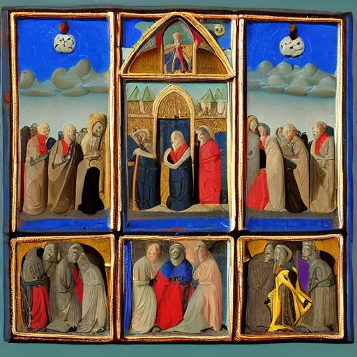 Image similar to flying car in medieval religious art monks and nuns