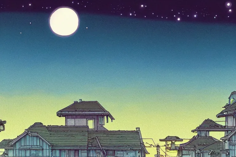 Prompt: a still from a studio ghibli film of an alien mothership opening up to show a day time sky, at night in the suburbs. full body, wide shot, very muted colors, post grunge, studio ghibli, laurie greasley, highly detailed, deviantart, art by artgem