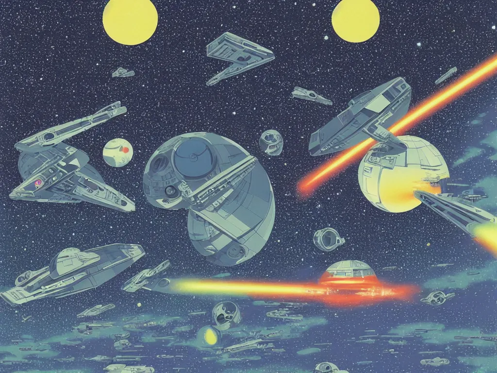 Prompt: the perfect star wars spaceship flying and squirting fluorescent liquid in the universe, small reflecting rainbow stars, flat design, screen print by Kawase Hasui and barclay shaw, in the foreground is a floating skeleton by douglas smith