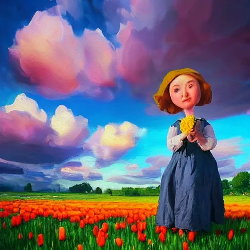 Image similar to dutch girl with singular giant tulip as a head, surreal photography, flower field, sunset dramatic light, impressionist painting, colorful clouds, blue sky, digital painting, artstation, simon stalenhag