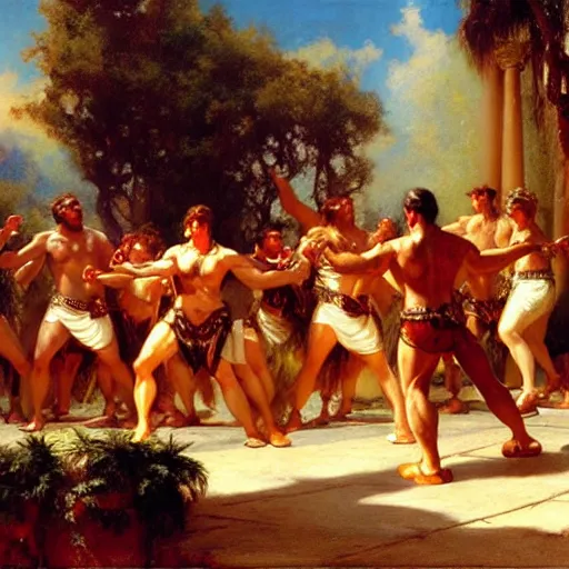 Prompt: hercules performs the ymca dance at a toga party matte painting gaston bussiere, craig mullins, j. c. leyendecker