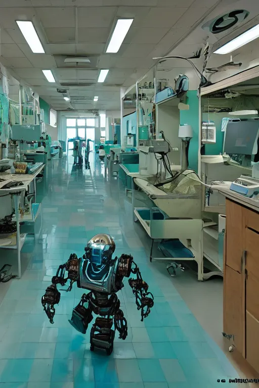 Prompt: interior of frightening and old robotic medical facility, mecha, teal, highly detailed, low light, horror theme