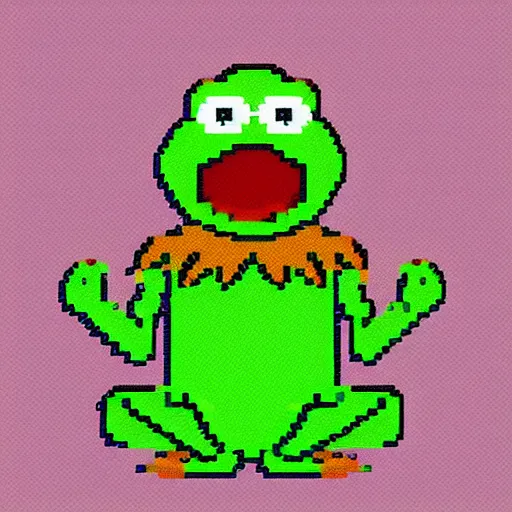 Prompt: pixel art illustration of kermit the frog made by reffpixels, isometric version