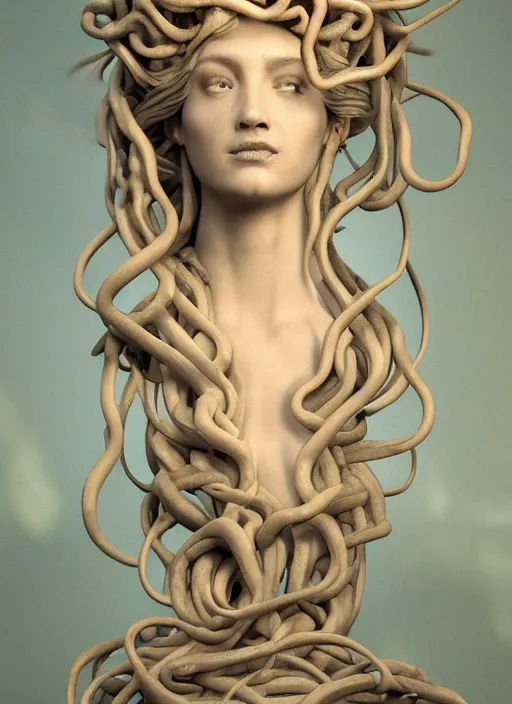 Image similar to medusa made of soft white wax, wooden art nouveau swirls, strong subsurface scattering, cables, tubes, subsurface scattering, in the style of ruan jia and beeple and giger, subsurface scattering, mystical colors, soft look, rim light, dramatic lighting, 8 k, stunning scene, raytracing, octane render, trending on artstation