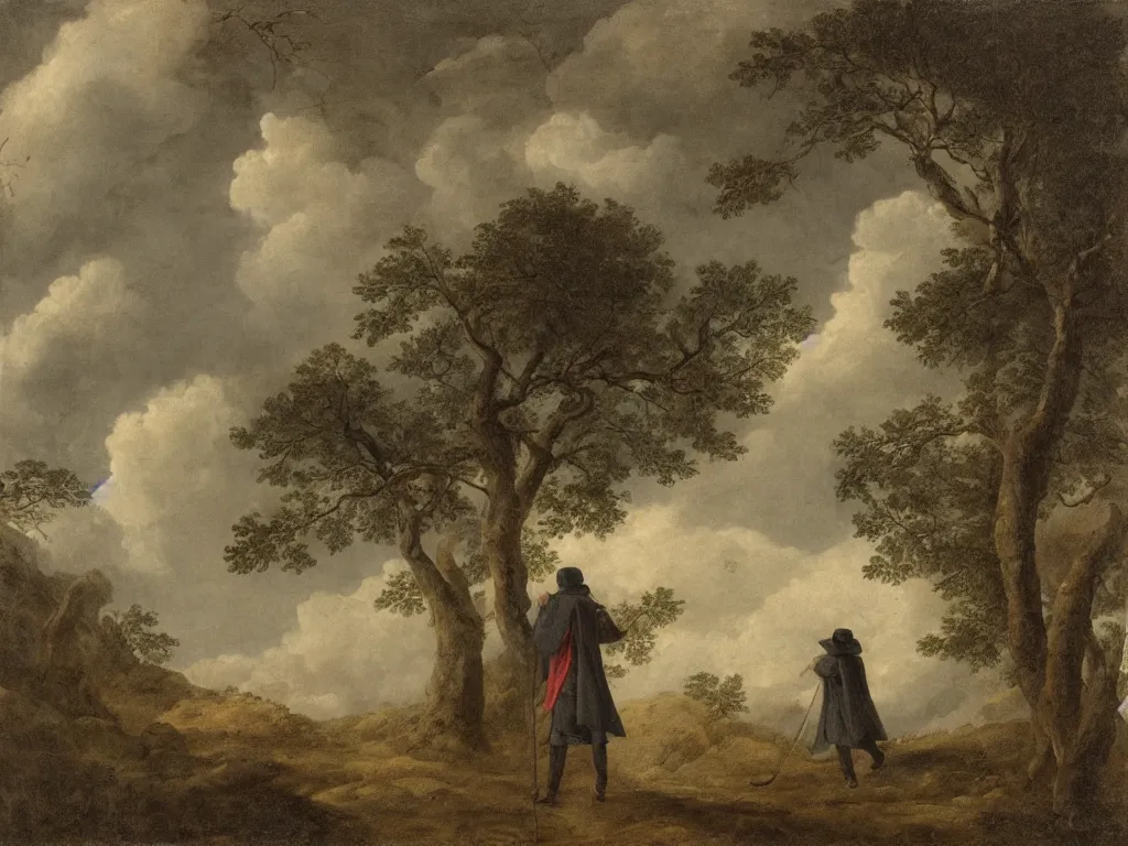 Image similar to a man in a grey cloak and brimmed hat with a staff travelling trough the forest and mountains looking at the clouds in the style of neo-romanticism