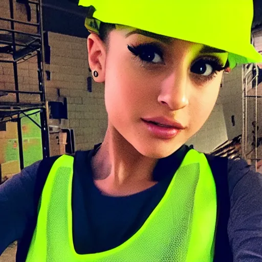 Image similar to photo, close up, ariana grande in a hi vis vest, in warehouse, android cameraphone, 2 6 mm,