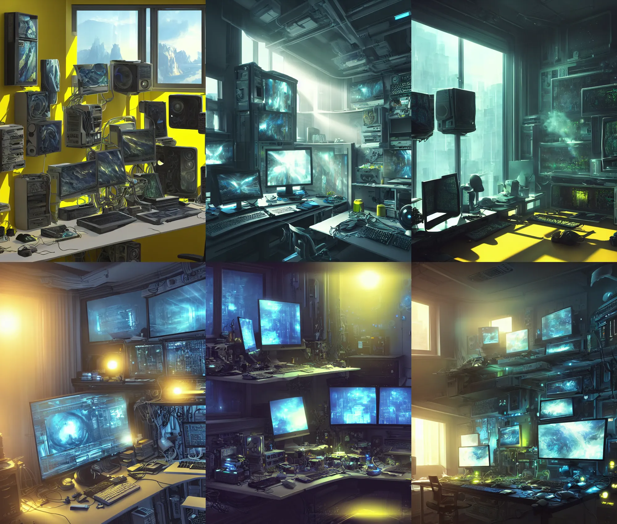 Prompt: detailed scifi artstation scene of a complex computer workstation in a small studio apartment room, many monitors, many electronics, a window view, maximalism, ambient occlusion, volumetric yellow light, sunny morning light, sun beam, atmospheric haze, fine details, unreal engine, hyperrealism, realistic shading, blender render, photorealistic, wide shot