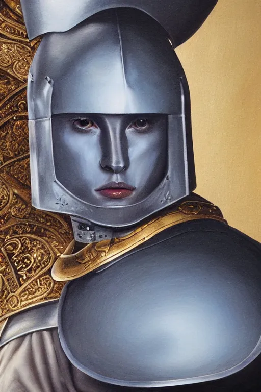 Image similar to hyperrealism oil painting, close - up portrait of caucasian medieval fashion model, knight, steel gradient mixed with nebula sky, in style of baroque mixed with 7 0 s japan book art