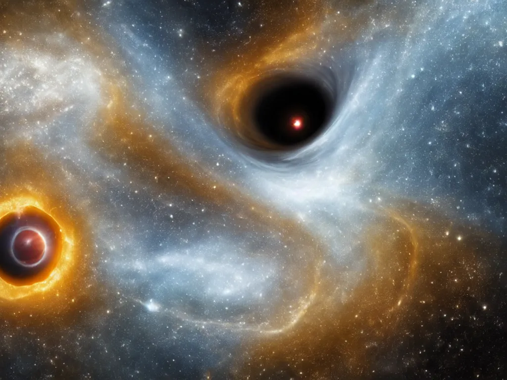 Prompt: black hole devours an ocean of fluid gold, james web telescope, hubble telescope, interstellar, 8 k, hyperdetailed, realism, big depth of field