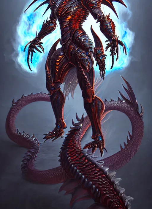 Image similar to muscular and tall ghostly fire humanoid dragon!!!! draconian!! intricate ornate iridescent heavy armor!! character concept art, sharp focus, octane render! unreal engine 5! highly rendered!! trending on artstation!! detailed linework!! illustration by artgerm, wlop, and chie yoshii