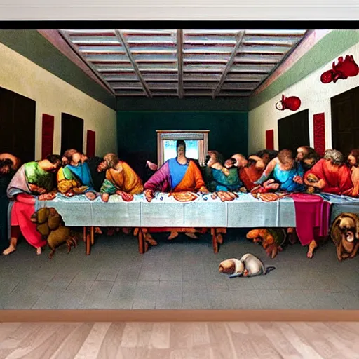 Prompt: painting of the last supper with dogs, mural by michelangelo