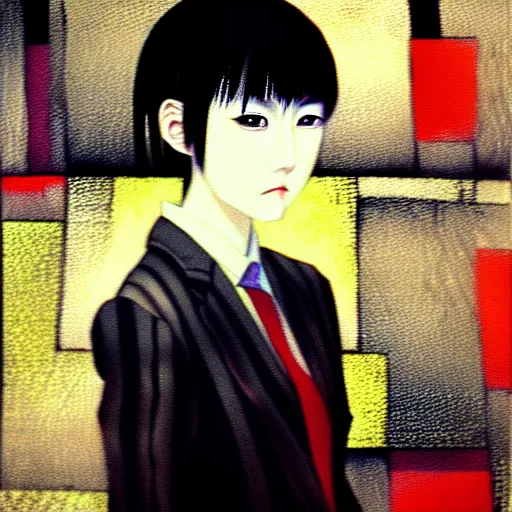 Image similar to yoshitaka amano blurred and dreamy realistic three quarter angle portrait of a young woman with short hair and black eyes wearing office suit with tie, junji ito abstract patterns in the background, satoshi kon anime, noisy film grain effect, highly detailed, renaissance oil painting, weird portrait angle, blurred lost edges