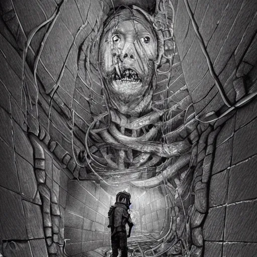 Image similar to the man stuck in the wall, creepy explorer sketch, godlike design, concept art, eldritch, grand scale, intricate detailed