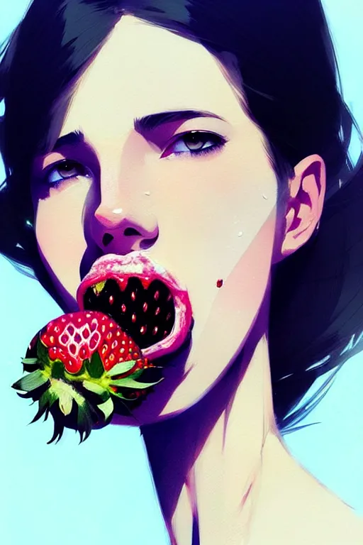 Prompt: a ultradetailed beautiful panting of a stylish woman with a strawberry in her mouth, by conrad roset, greg rutkowski and makoto shinkai, trending on artstation