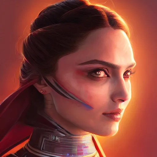 Image similar to darth padme amidala, freida pinto, art by artgerm and greg rutkowski and magali villeneuve, portrait, highly detailed, headshot, intricate, elegant, digital painting, trending on artstation, concept art, sharp focus, illustration