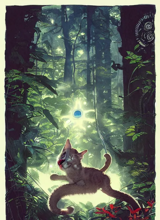 Image similar to a hyper realistic ink cat alien technology and sunbeams blue sky, lush forest foliage painting by chiara bautista and norman rockwell and greg rutkowski weta studio, and lucasfilm