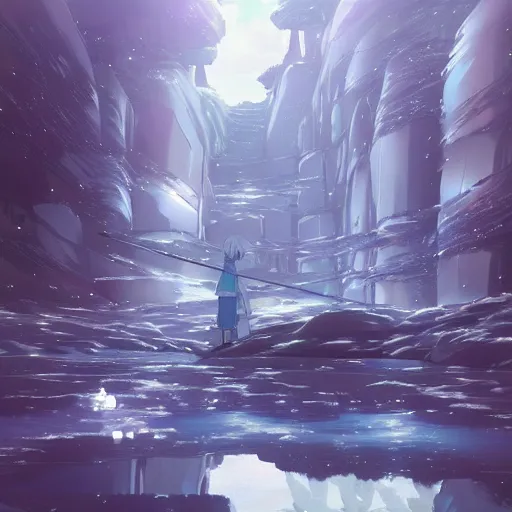 Prompt: art by makoto shinkai, ice gate, mirrors, soft shadow, synthwave art, anime / manga, funny art, 4 k, funny art, sci - fi zoom backgrounds, super detailed, atmosphere, glass