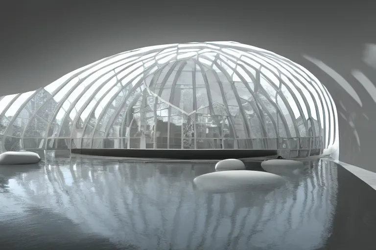 Image similar to a building interior formed by the intersection and fusion of many multi white spherical egg shaped spaces, on the calm lake surface, people's perspective award winning, highly detailed 4 k art, dusk, unreal engine highly rendered, global illumination, radial light, internal environment by kazuyo sejima