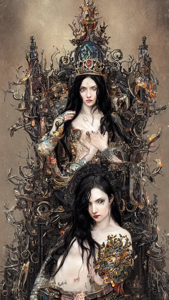 Image similar to painting of a beautiful black haired woman with pale skin and a crown on her head sitted on an intricate metal throne, illustration, artistic, colorful, hyper detailed, in the style of greg rutkowski,