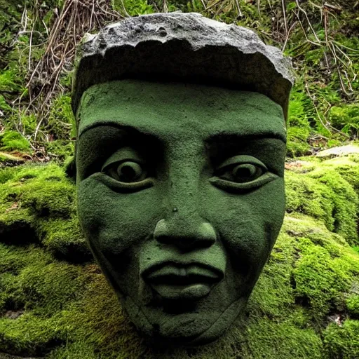 Prompt: headshot kim jong ill as an ancient mossy aztec statue in a forest