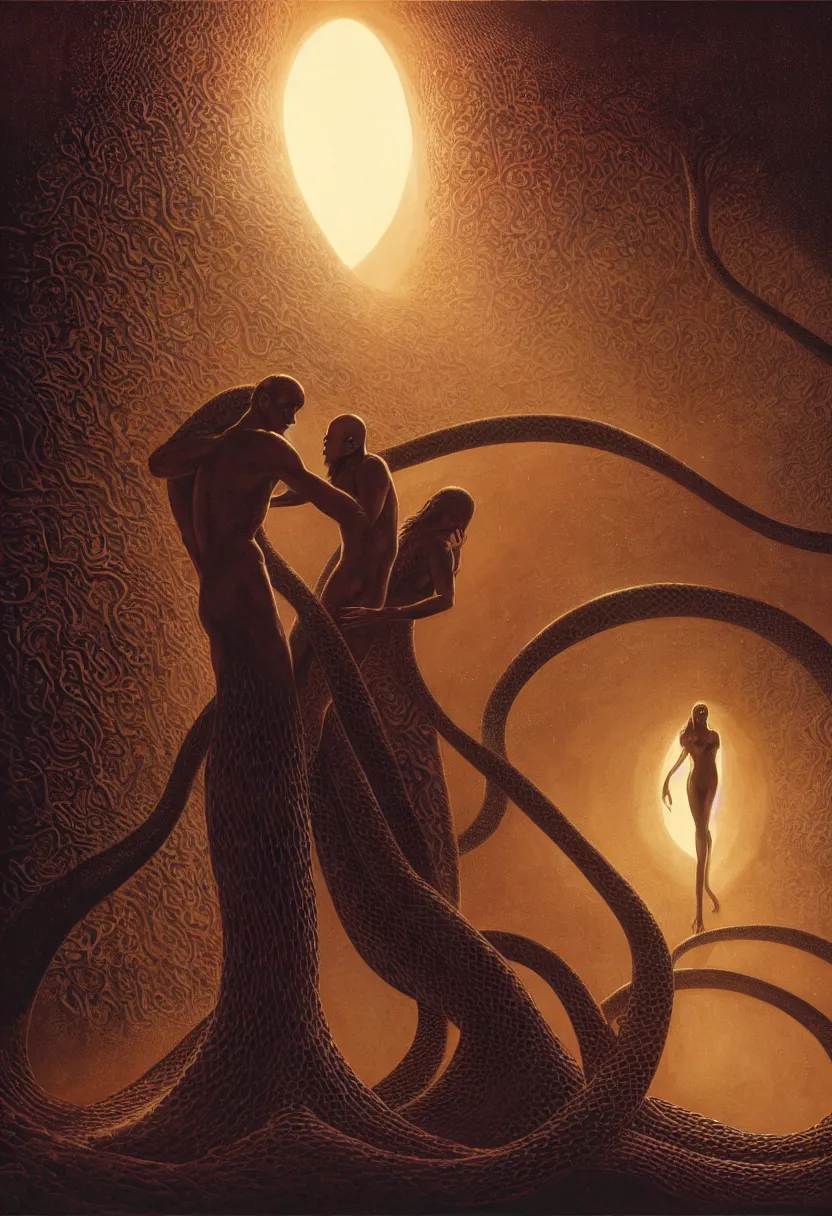 Prompt: a close up of Adam and Eve in Dune with the tree of life, the snake is surrounding them, beautiful dramatic moody lighting, cinematic atmosphere, high detail, 8k, ornate, dark fantasy, masterpiece, complex, a tropical garden world by Ralph McQuarrie| sparth:.2 | Tim white:.4 | Rodney Mathews:.2 | Graphic Novel, Visual Novel, Colored Pencil, Comic Book:.2