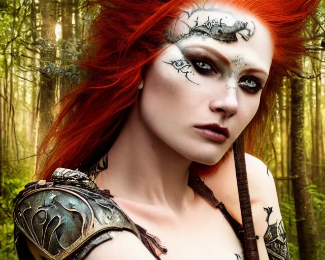 Prompt: 5 5 mm portrait photo of an armored gorgeous anesthetic redhead woman warrior with a face tattoo and wing growing from her head, in a magical forest in the style of stefan kostic, art by luis royo. highly detailed 8 k. intricate. lifelike. soft light. nikon d 8 5 0. cinematic post - processing