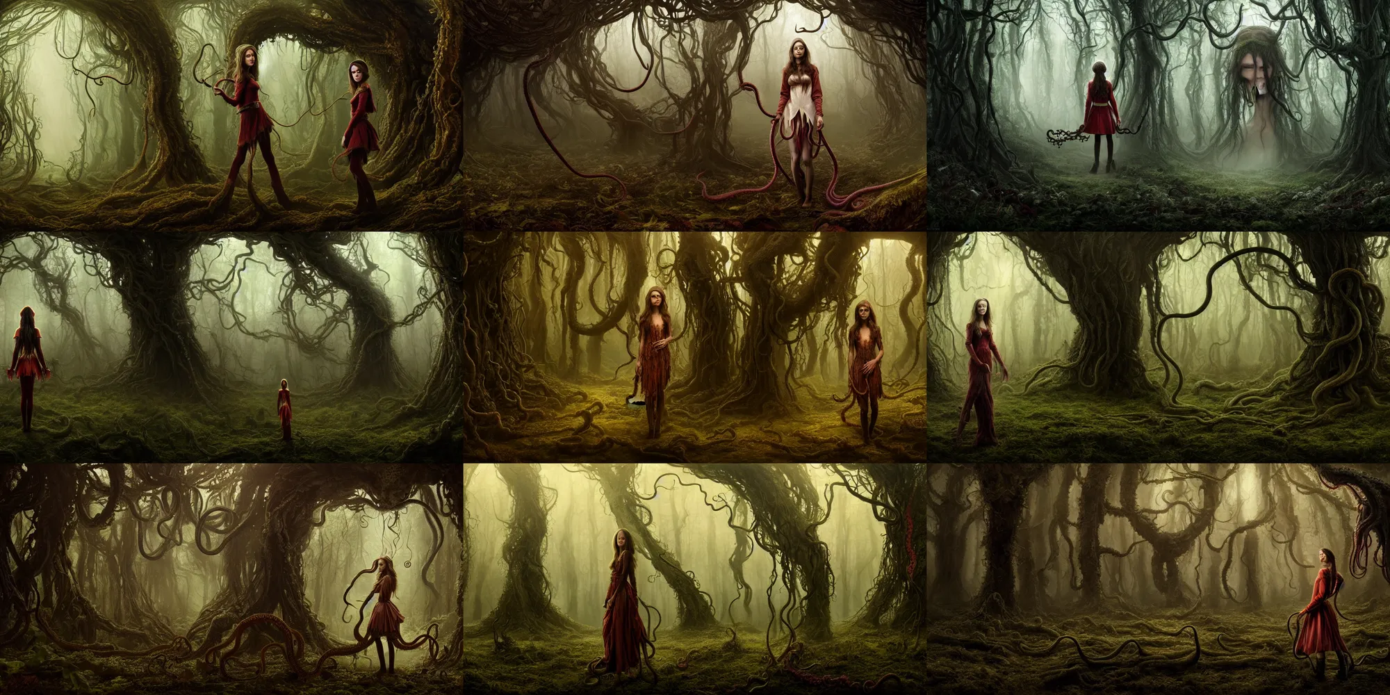 Prompt: matte oil painting of a cosmic horror monstrosity ( tentacles ) inside of forest with elf woman ( portrait keira knightly dressed as villager ) forest, extremely detailed, disturbing, cinematic, 4 k, 8 k