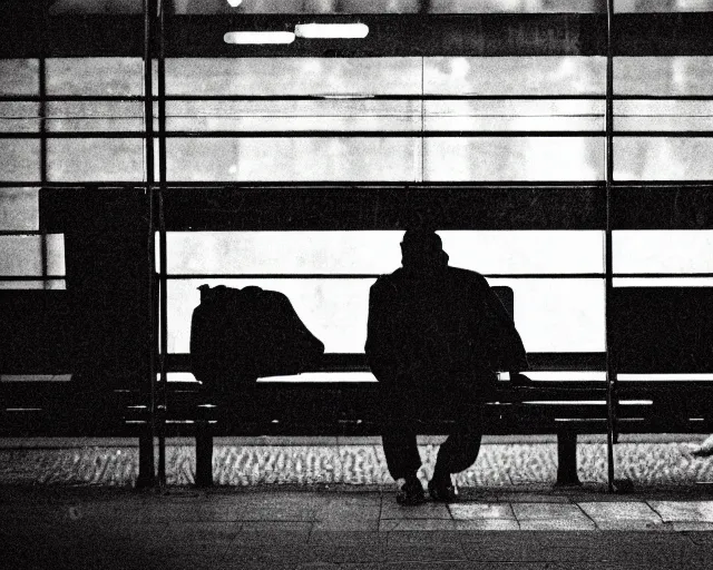 Image similar to a lomographic photo of russian lone man sitting in bus station at early evening in small town, cinestill, bokeh, out of focus