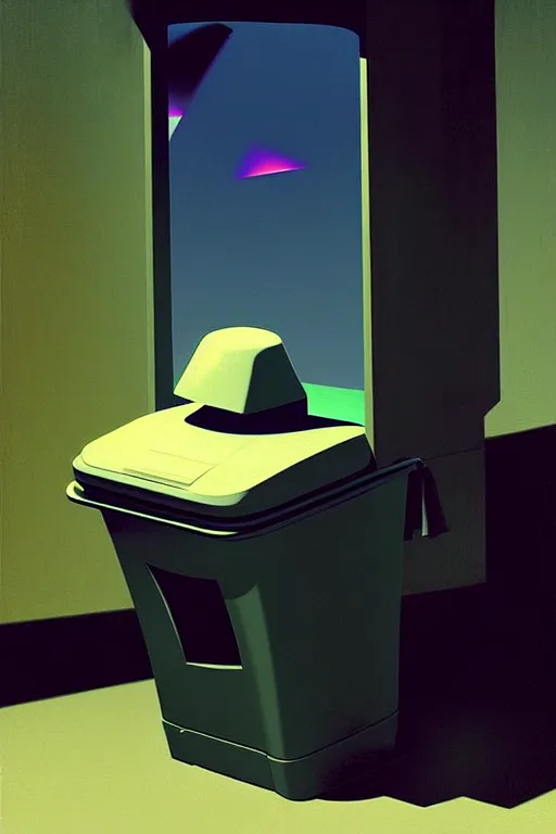 Image similar to the trashcan is actually a person, a hacker wearing oculus and digital glitch head edward hopper and james gilleard zdzislaw beksisnski higly detailed