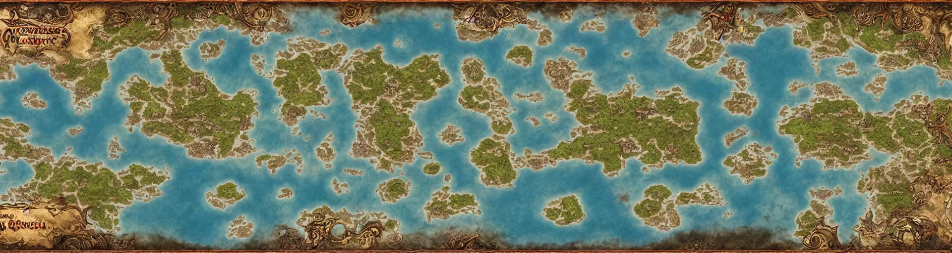 Image similar to fantasy world atlas in the style of an mmorpg world map, 7 0 % ocean, extremely detailed, fantasy, no text, 4 k